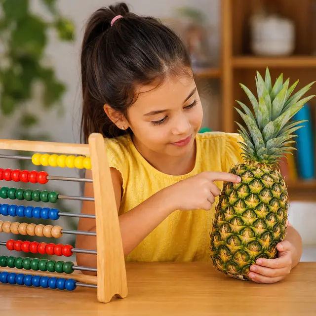 abacaxi: A girl clicks through an ABACUS, and SHE counts a pineapple's spiky bumps like beads.