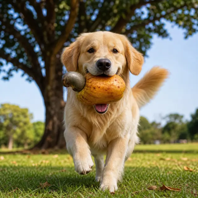 cachorro: A DOG happily fetches a giant CASHEW nut, tail wagging with joy.