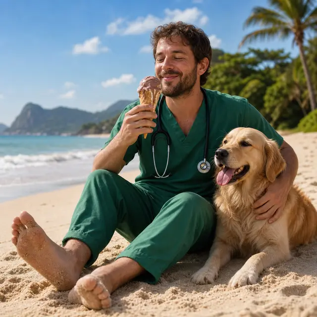 sorvete: SORE-footed after his shift, a VET enjoys a melting ice cream cone at the beach.