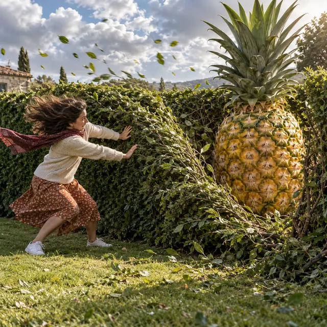 abacaxi: Le vent ABAT la haie : CACHÉ derrière, un ananas géant apparaît.