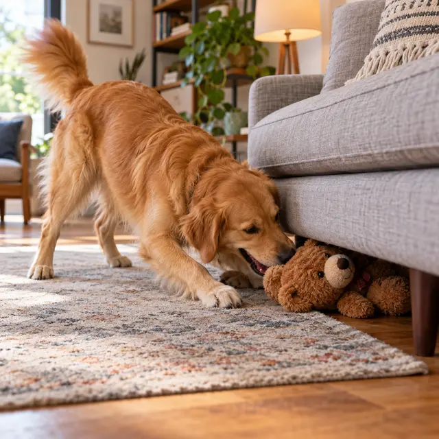 cachorro: Un chien joyeux CACHE un OURS en peluche sous le canapé.