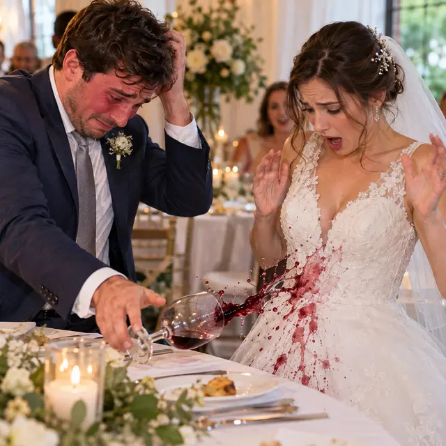 vergonha: Son VERRE COGNE la table, le vin éclabousse la mariée : il rougit de honte.