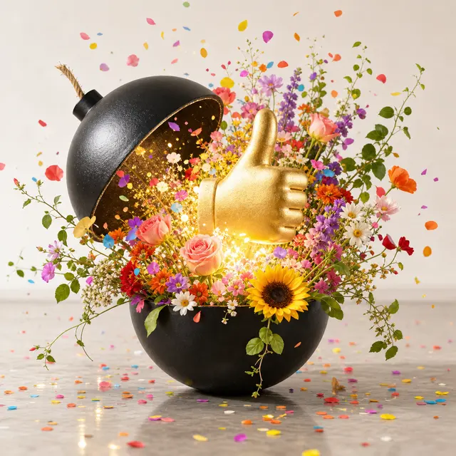 bom: Una BOMBA animada se abre como un regalo y suelta flores y luz dorada — todo muy bueno.