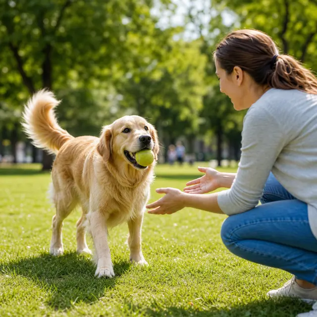 cachorro: Un enorme CACHORRO adulto trae la pelota a su dueño, moviendo la cola sin parar.