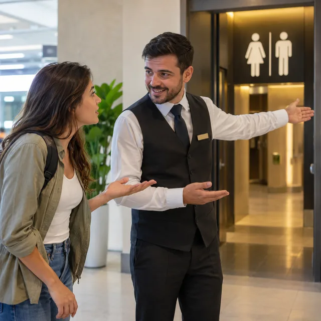 onde fica o banheiro? — where's the bathroom?